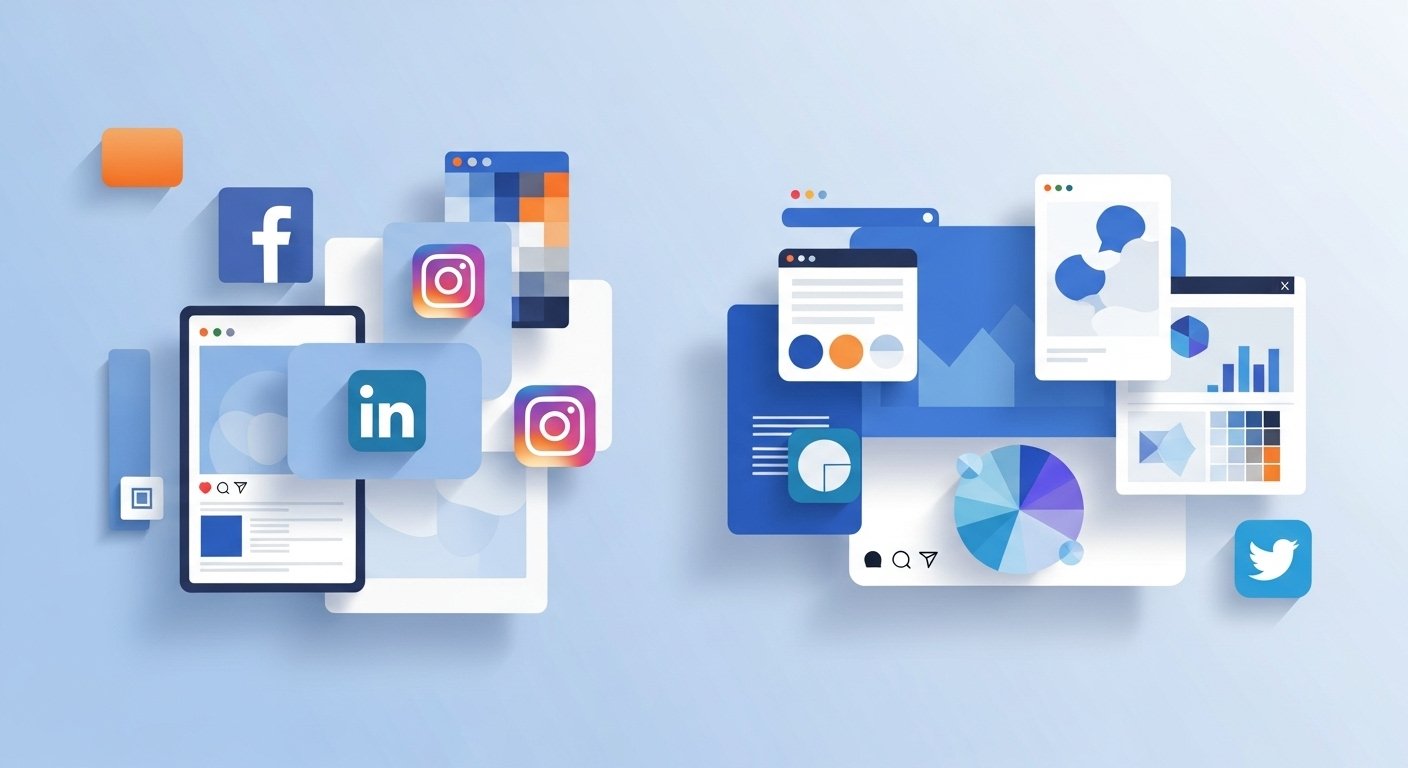 Stylish flat illustration showcasing professionals designing advertising signs for social media engagement.