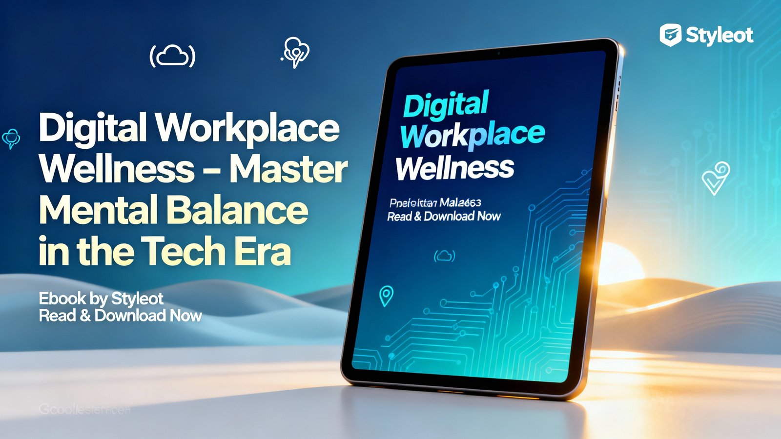 Modern digital workspace illustration showing mindfulness and productivity balance — digital workplace wellness concept.