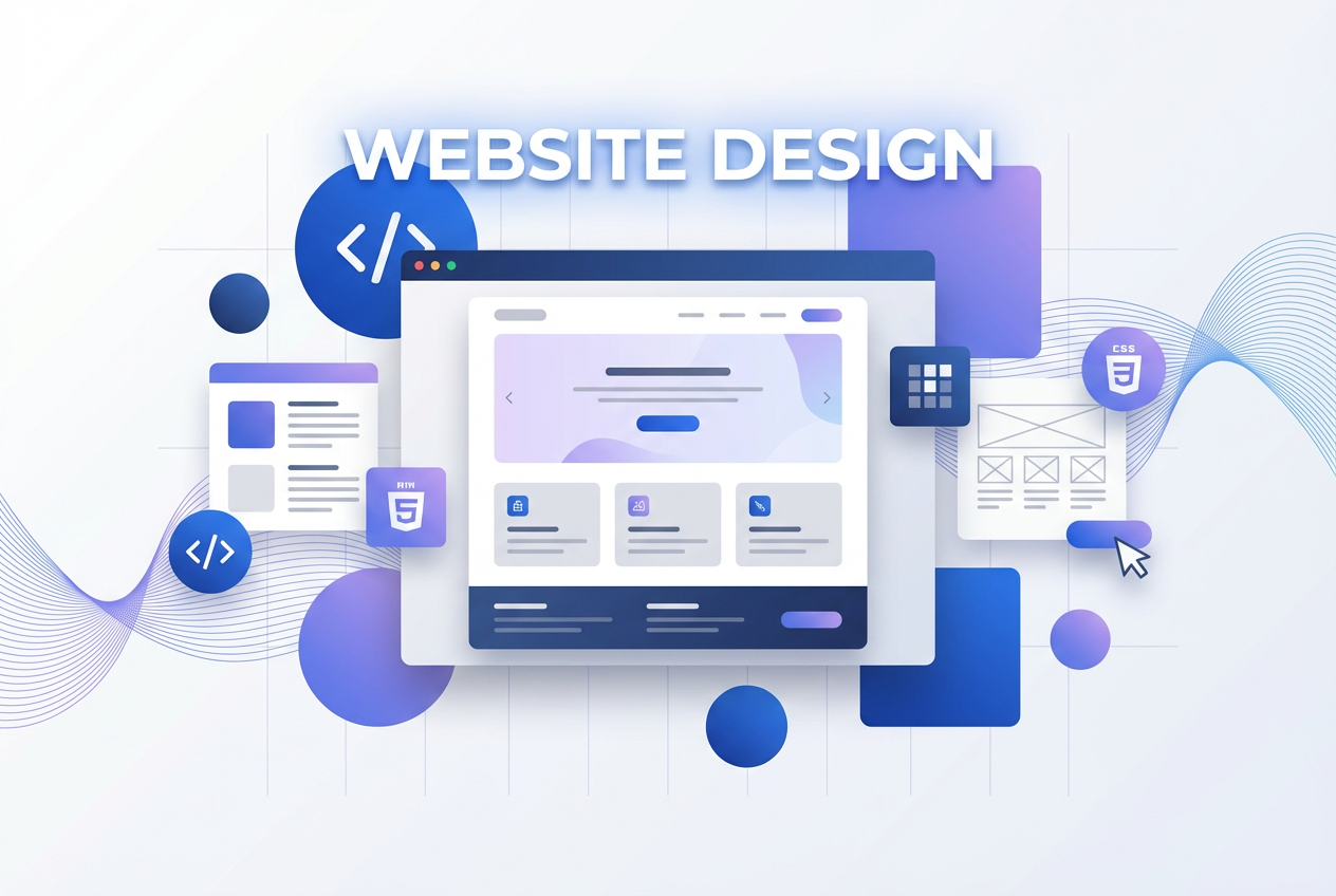 Modern cover image showcasing a custom website design service with clean icons and digital layout elements.
