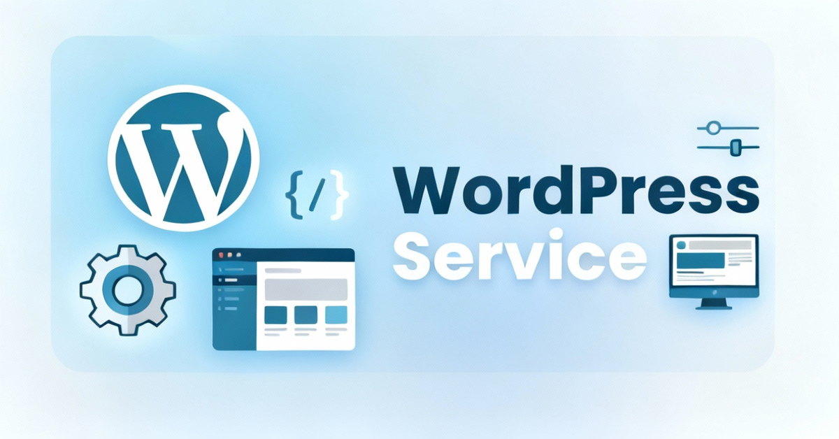 Stylish blog cover illustrating WordPress development service with modern icons and clean design.
