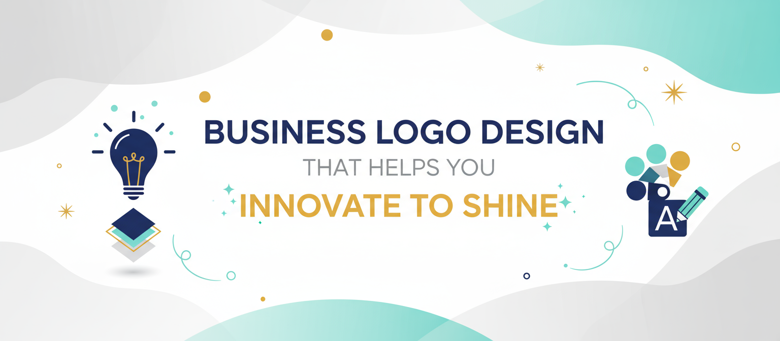 Modern flat illustration showing creative business logo design process with icons and soft digital lighting.
