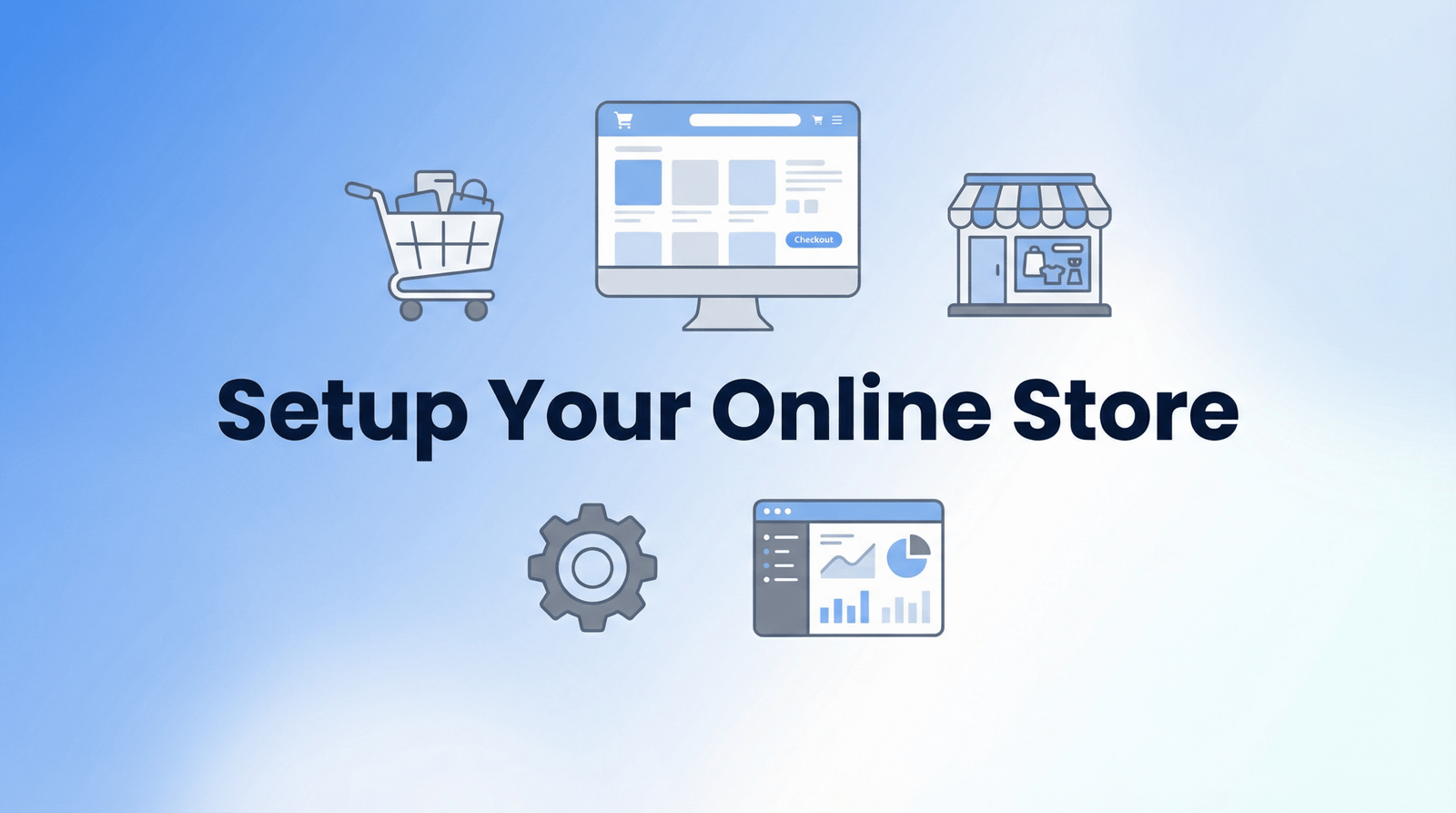 Stylish modern cover image representing an eCommerce website setup service with flat icons and professional design.
